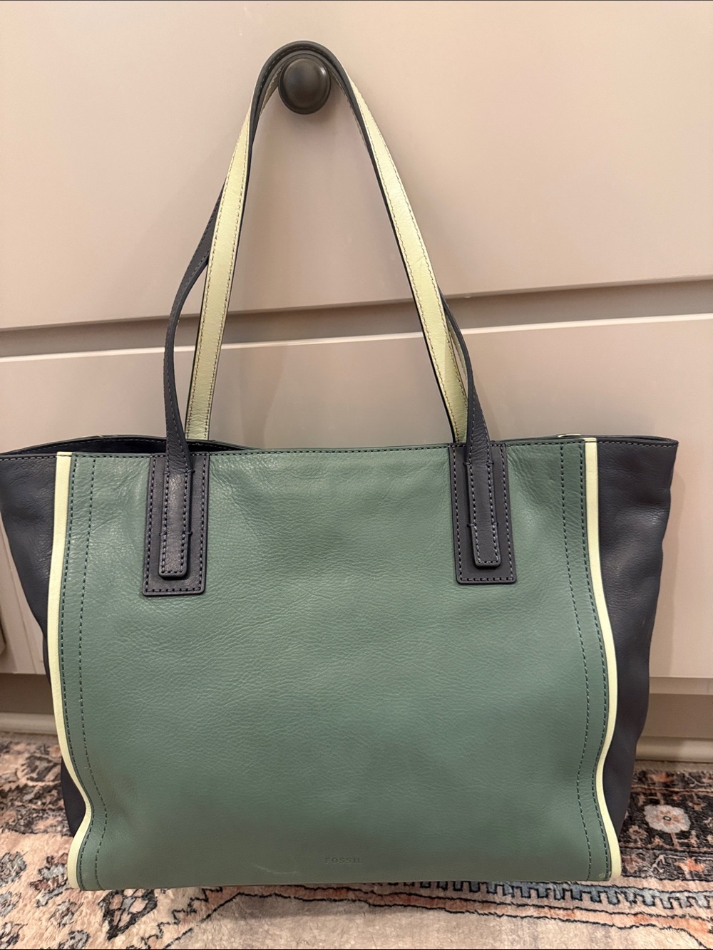 Vintage Fossil Emma Green Blue Tote Leather Bag Retro Color Block
